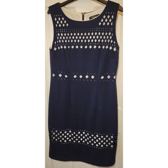 S.L. Fashions Lattice Cut Navy Blue & White Sleeveless Knee Length Dress Sz 12 - Picture 1 of 6